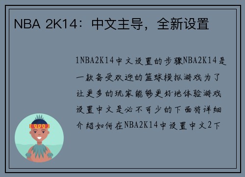 NBA 2K14：中文主导，全新设置